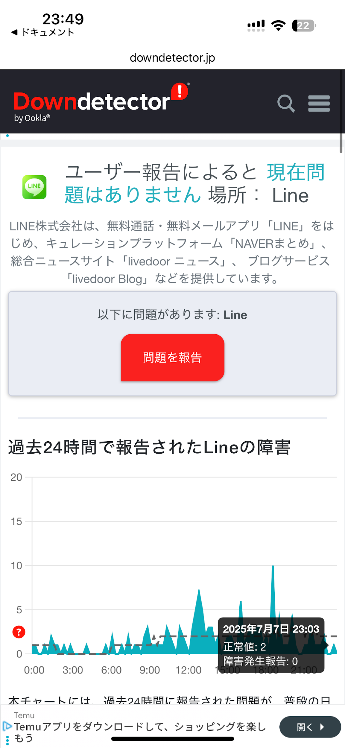 DownDetectorでLINEの障害を確認2