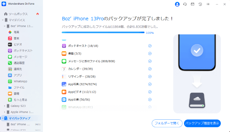 Dr.Foneのバックアップ完了画面