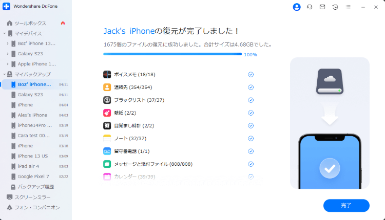 Dr.Foneのデータ復元完了画面