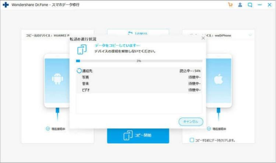 Dr.Foneのデータ移行進捗画面