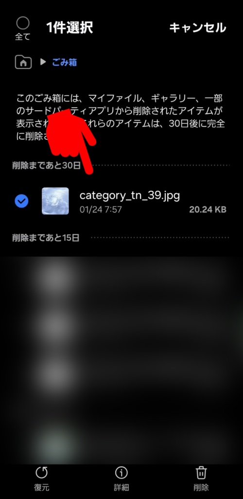 マイファイルアプリのゴミ箱で削除したいデータを選択する画面