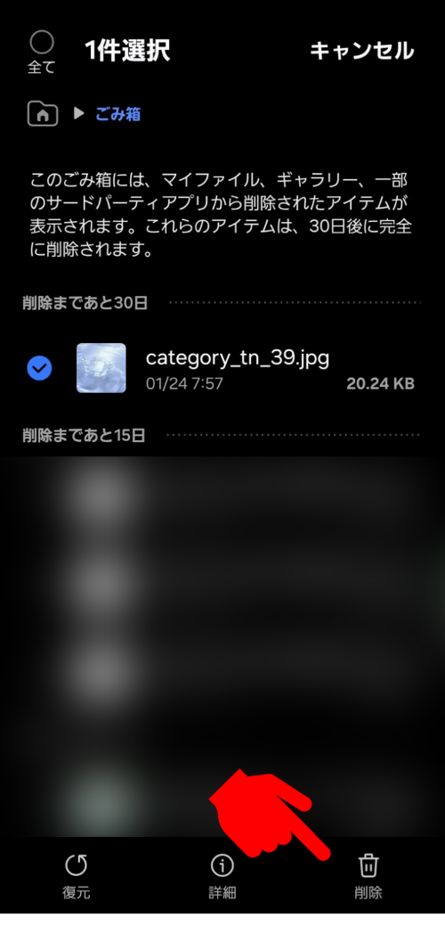 マイファイルアプリのゴミ箱からデータを完全削除する操作画面