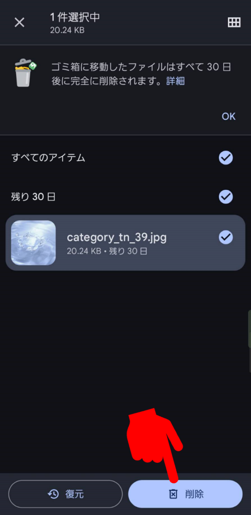 Files by Googleアプリのゴミ箱からデータを完全削除する操作画面