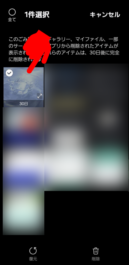 アルバムアプリのゴミ箱で復元したい写真を選択する画面
