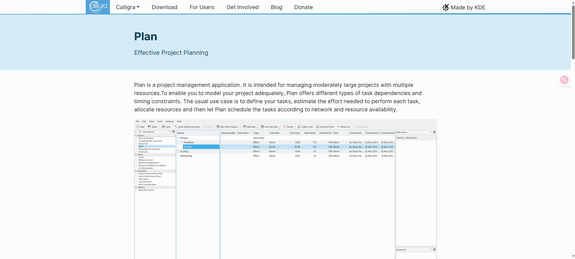 無料で使えるガントチャートツール  Calligra Plan 