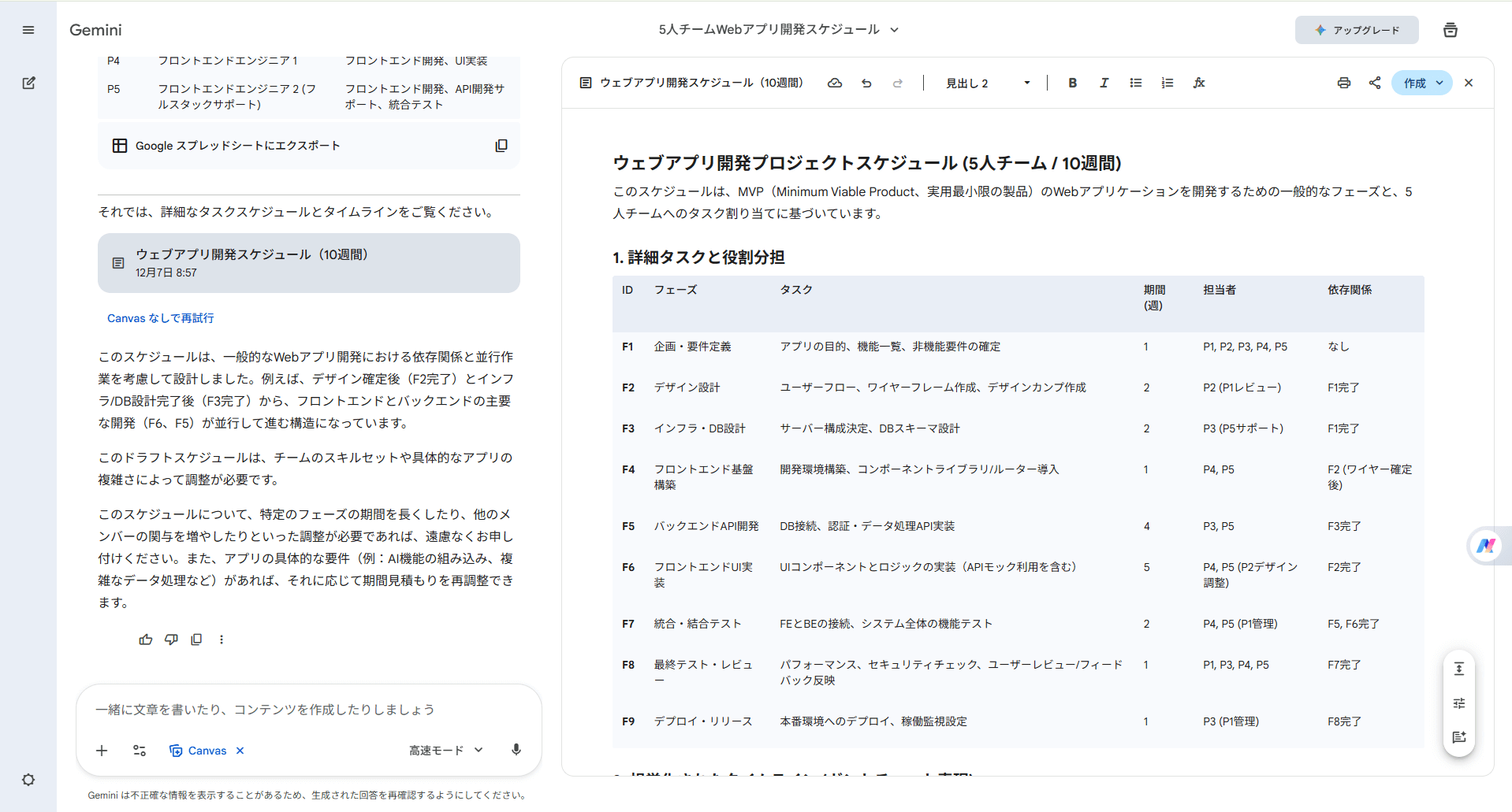 AI ガントチャート Gemini プロンプトでプロジェクト概要を入力
