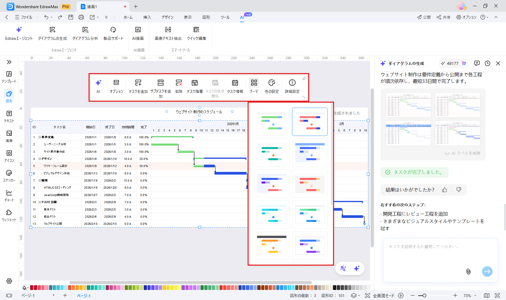 EdrawMaxで自動生成したガントチャートを確認と編集