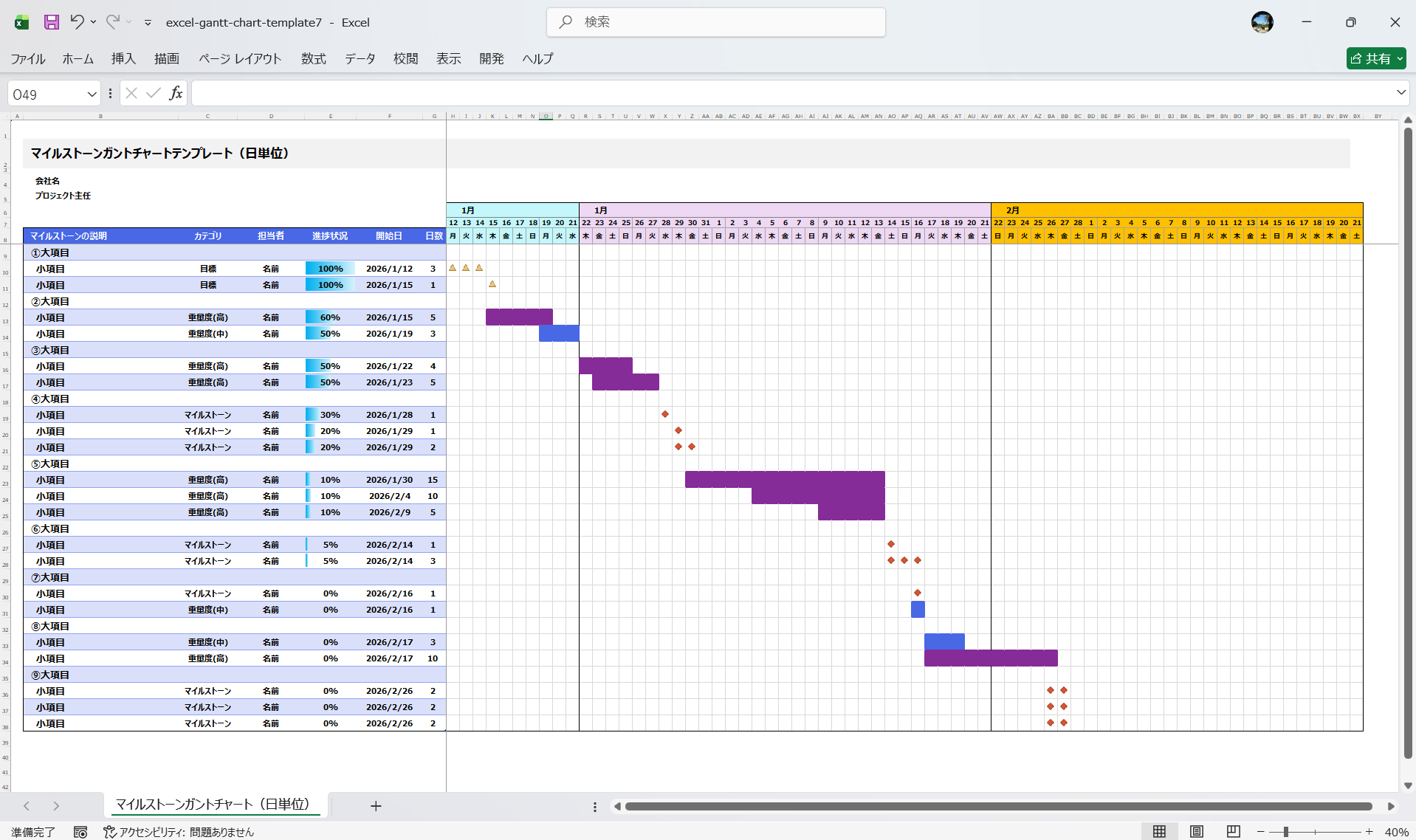 エクセル マイルストーンガントチャートテンプレート 日単位