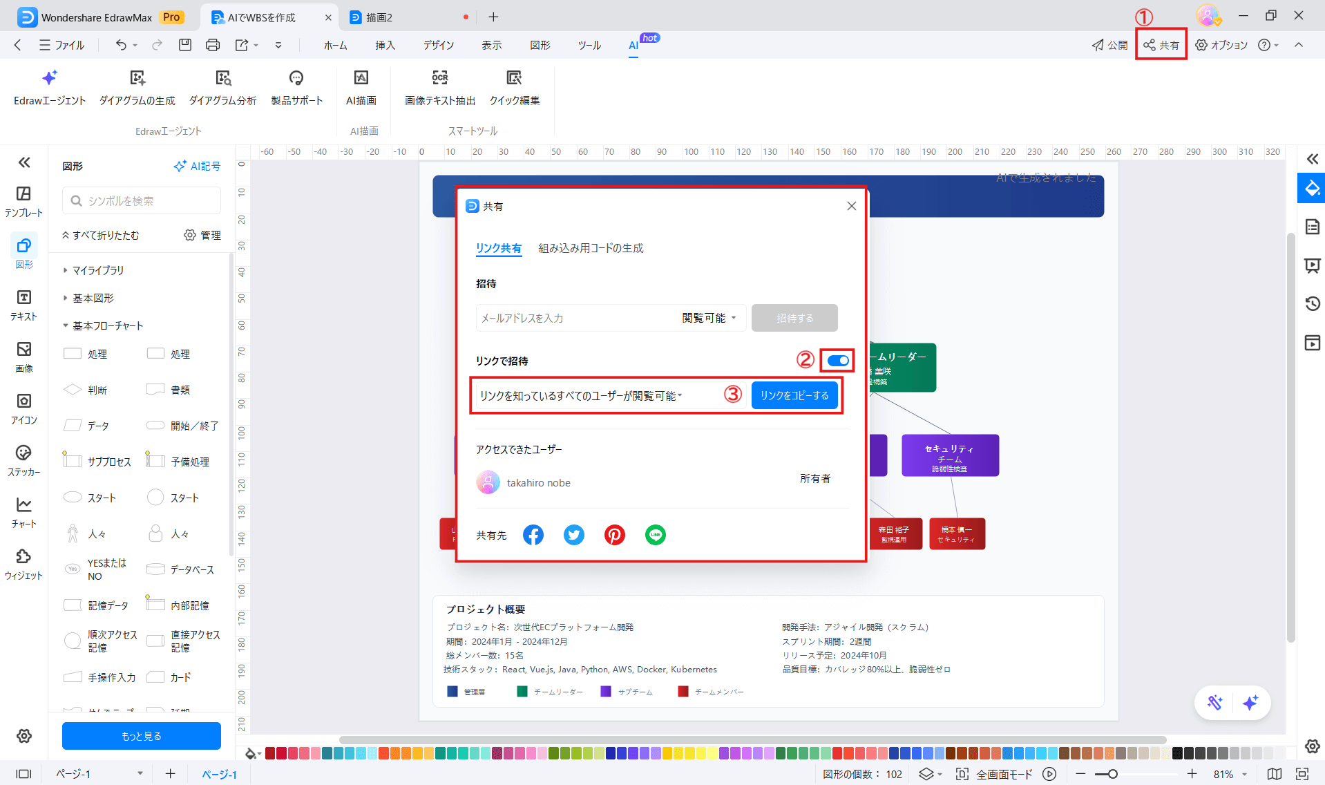 EdrawMax 作成したWBS図をチーム内で共有して修正
