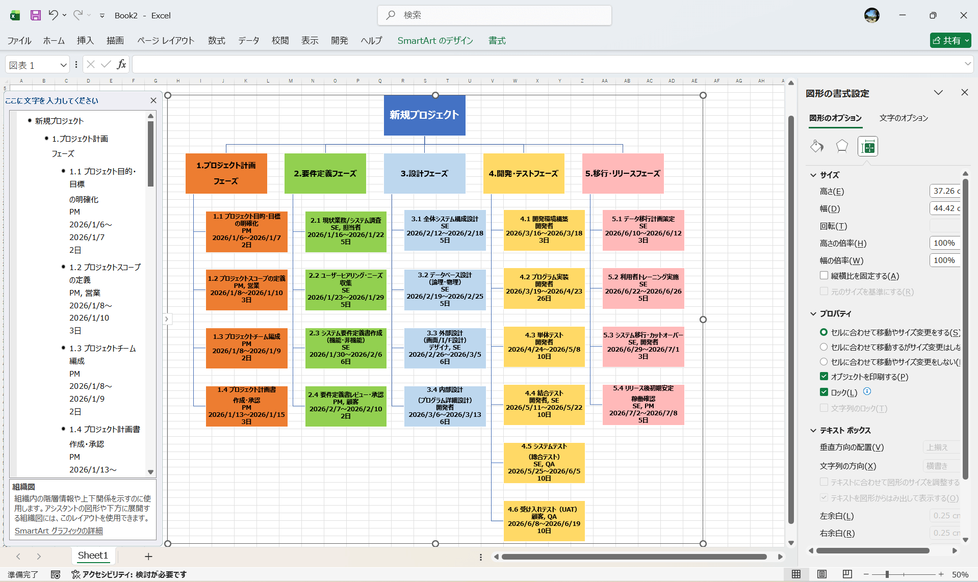 エクセルのSmartArt機能の使用してWBS作成