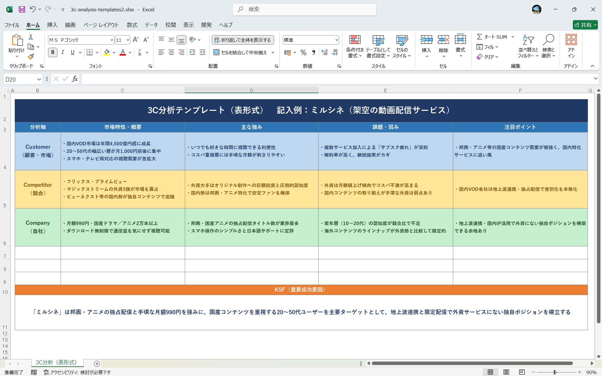 Excel テンプレート 3C分析テンプレート 表形式3C分析テンプレート