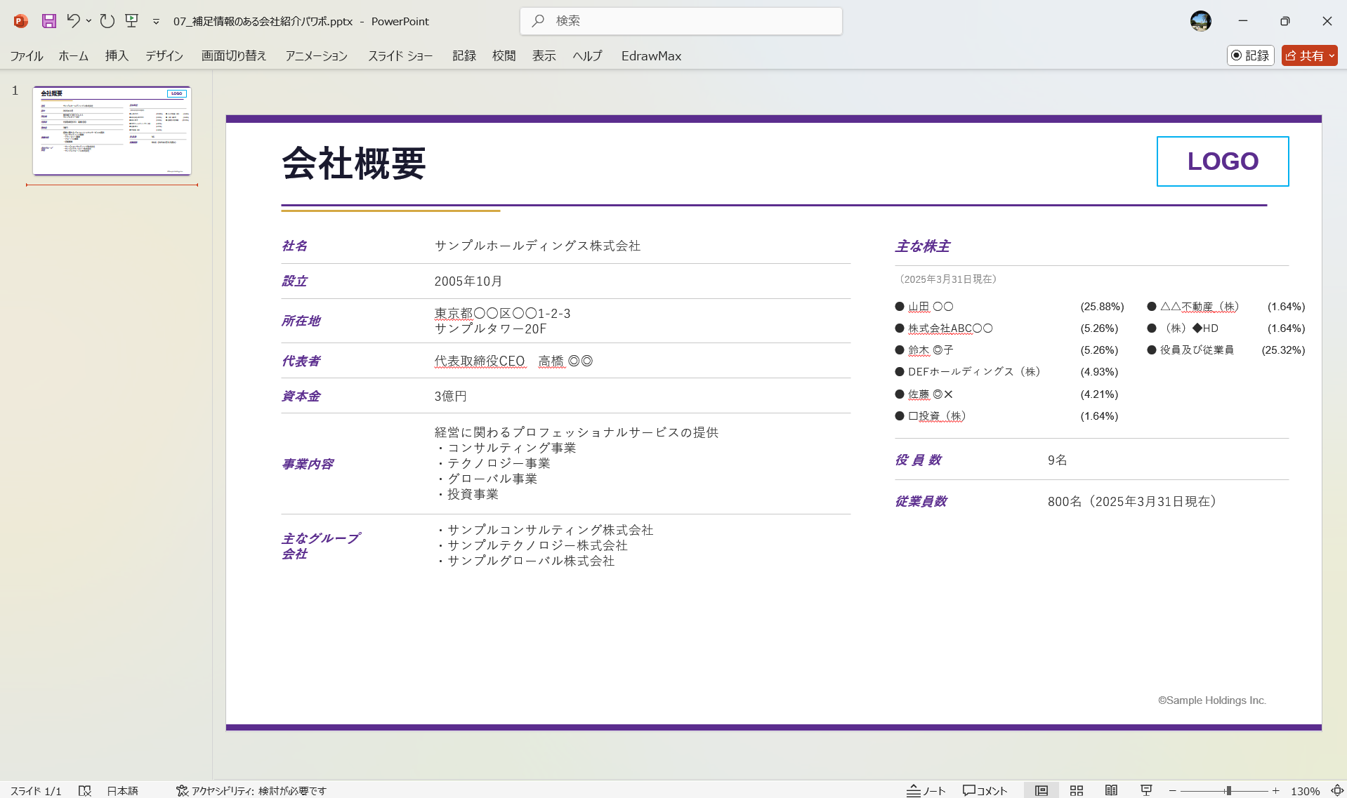 PowerPoint テンプレート 補足情報のある会社紹介のパワポ