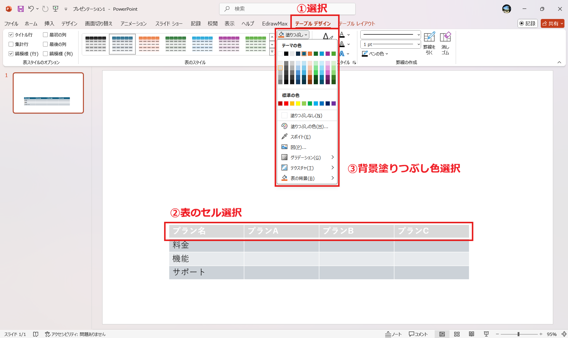 パワーポイントで比較表を作る方法 Step3 背景色・罫線を設定する