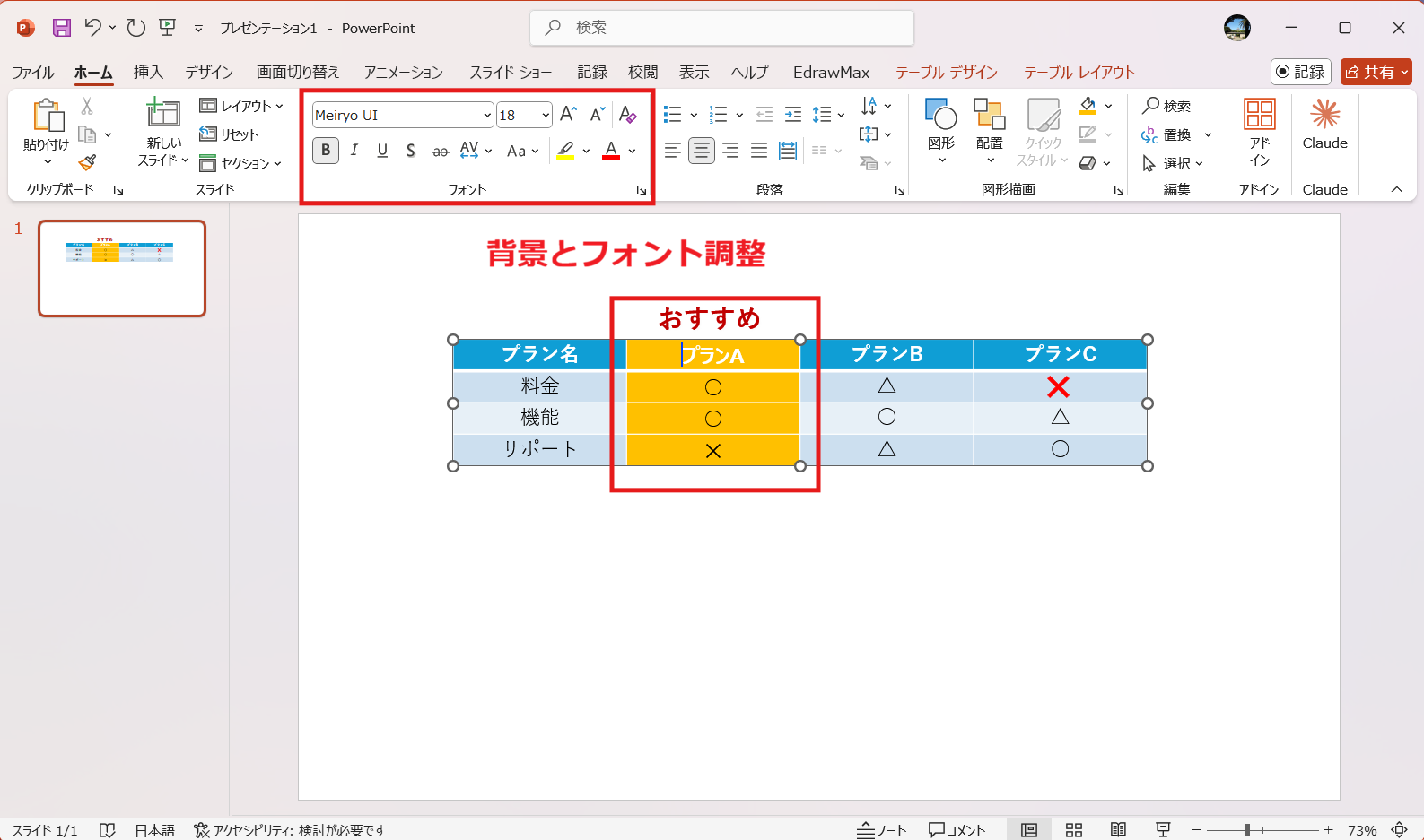 パワーポイントで比較表を作る方法 Step5 おすすめプランを強調して仕上げる