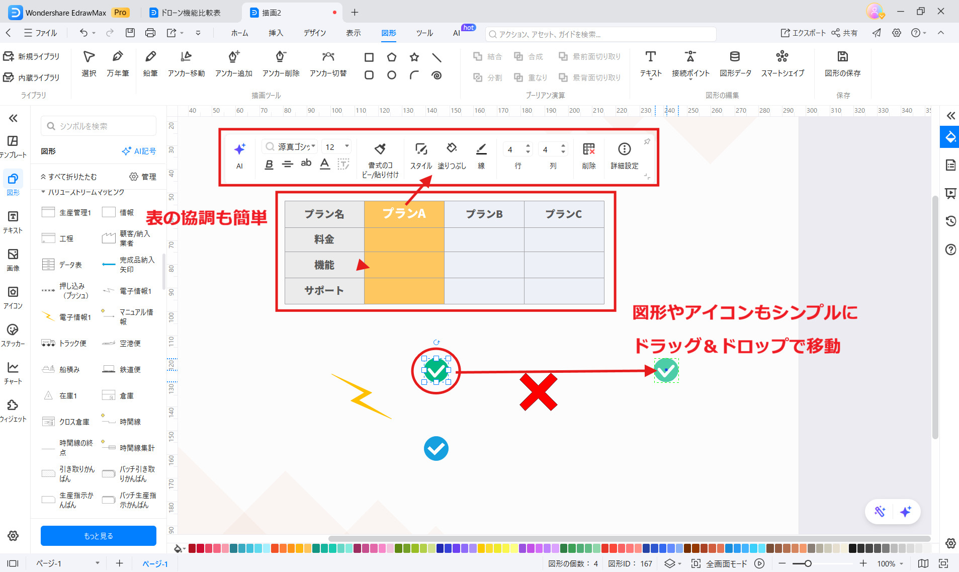 比較表作成に役立つEdrawMax 直感的なドラッグ&ドロップ編集