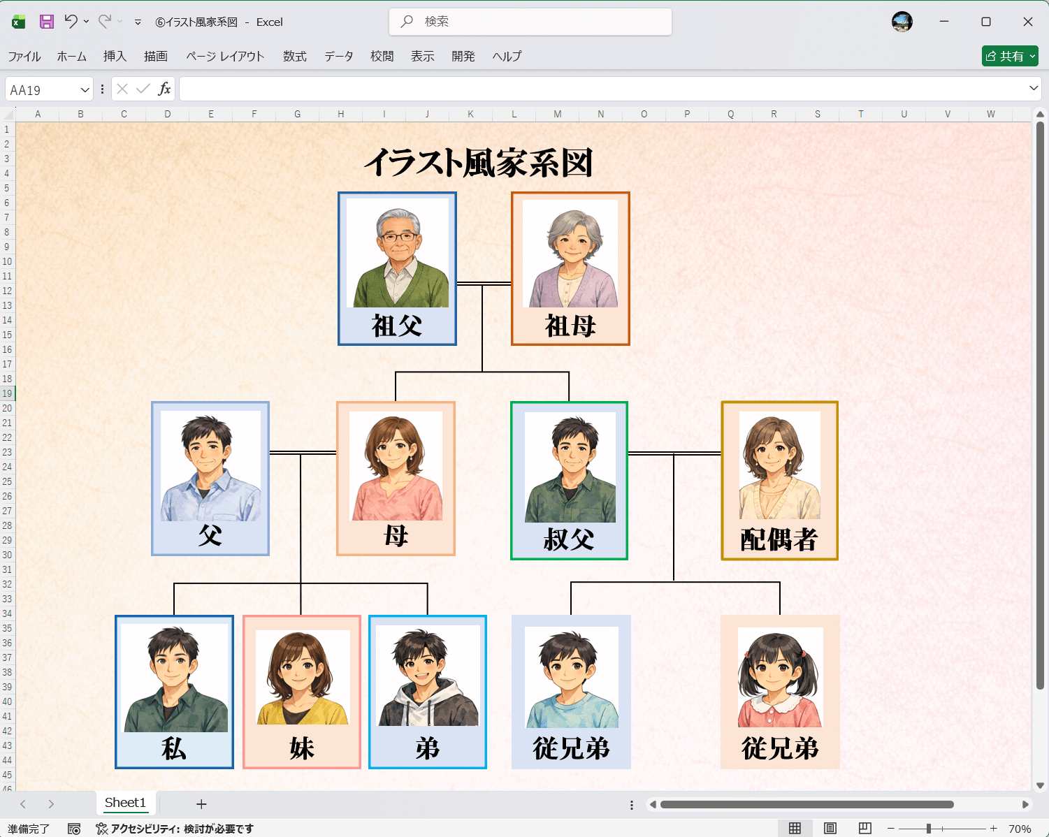 Excel 家系図 テンプレート イラスト風家系図