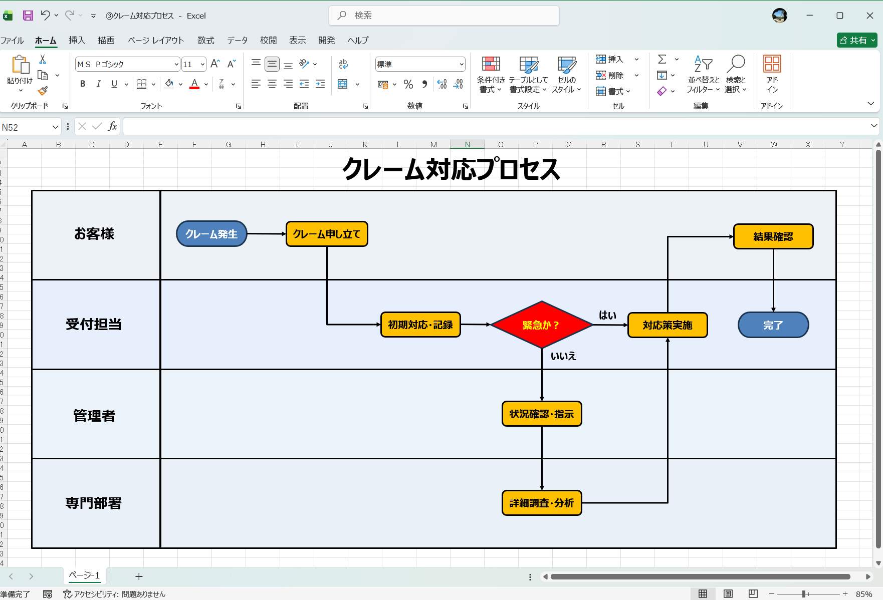 Excel 業務フロー図 テンプレート クレーム対応プロセス