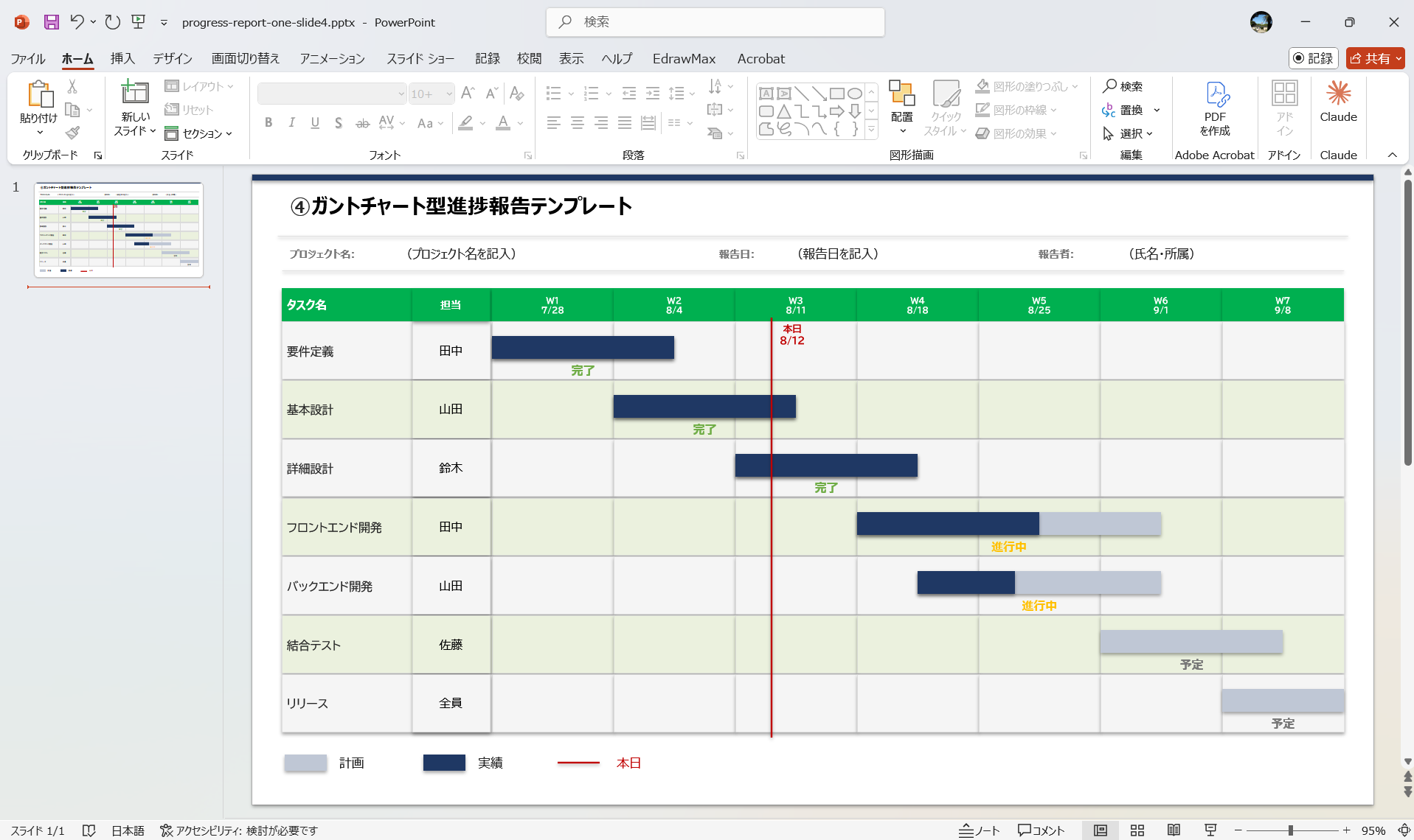 ガントチャート型 進捗報告 スケジュール管理 テンプレート