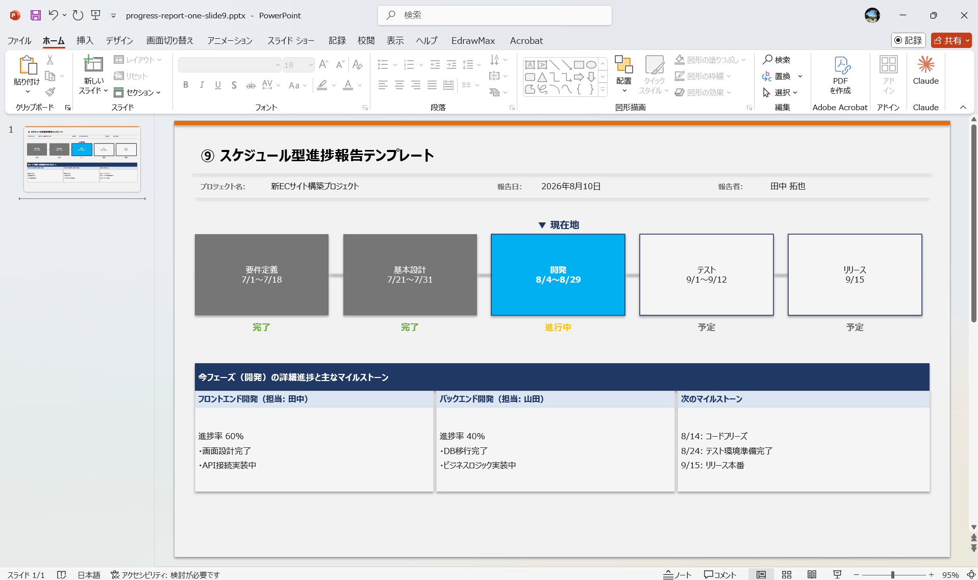 スケジュール型 進捗報告 タイムライン フェーズ管理テンプレート
