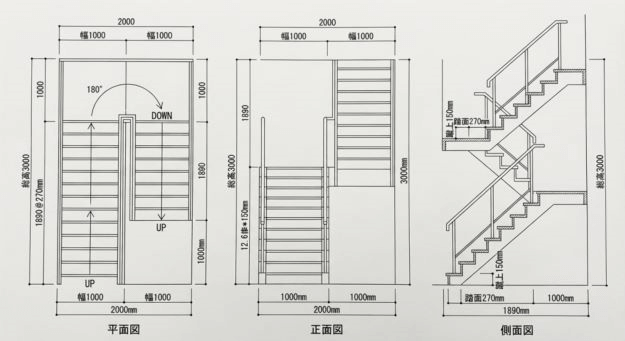 U字階段(折返し階段) 断面図 例
