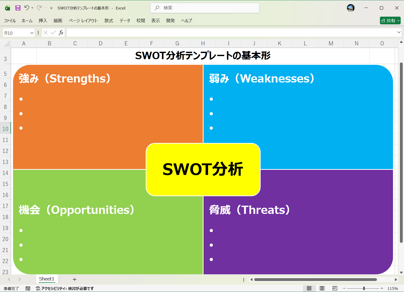 SWOT分析テンプレートの基本形 Excelテンプレート