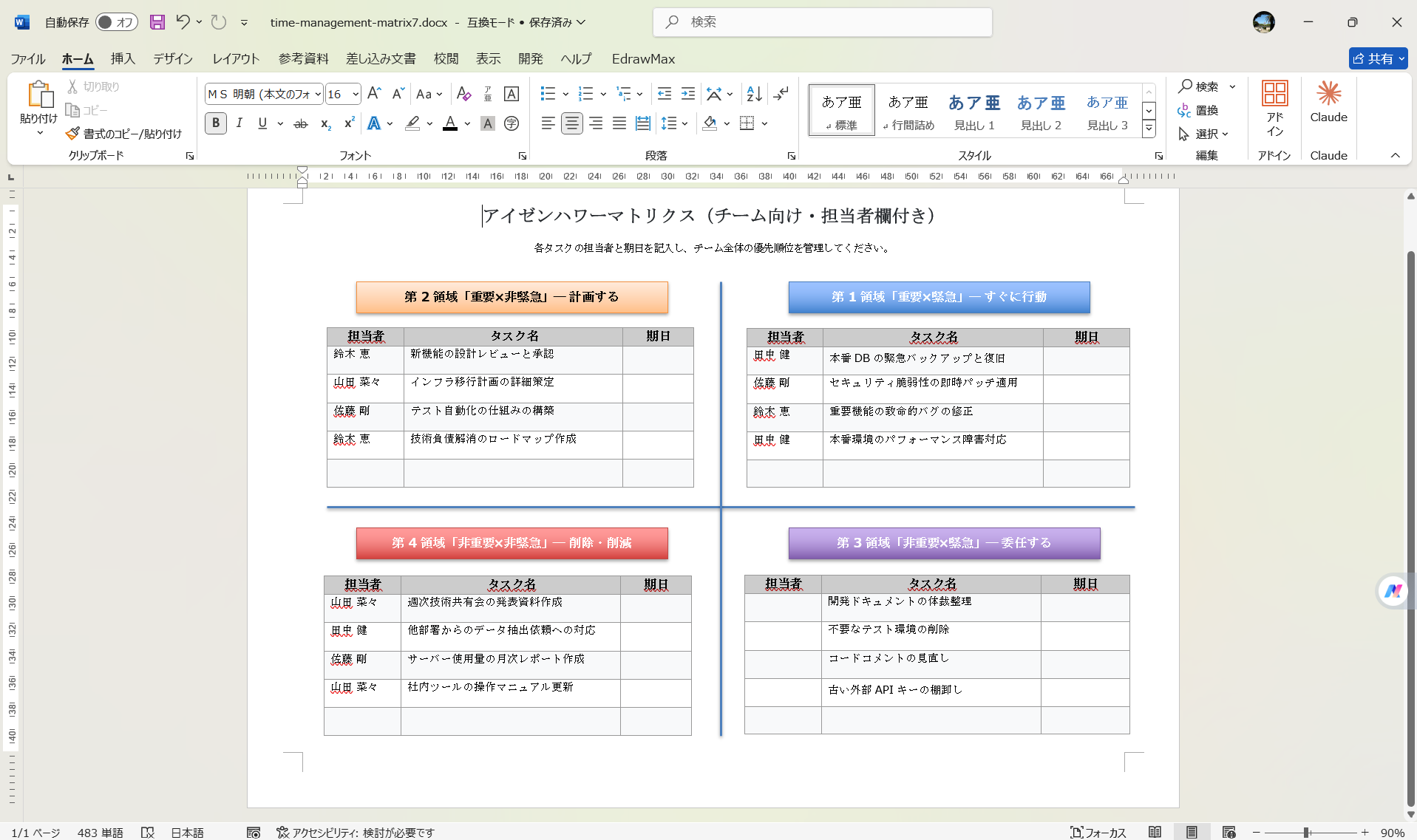 Excel テンプレート アイゼンハワー 優先順位マトリックス 担当者欄付き(チーム向け)