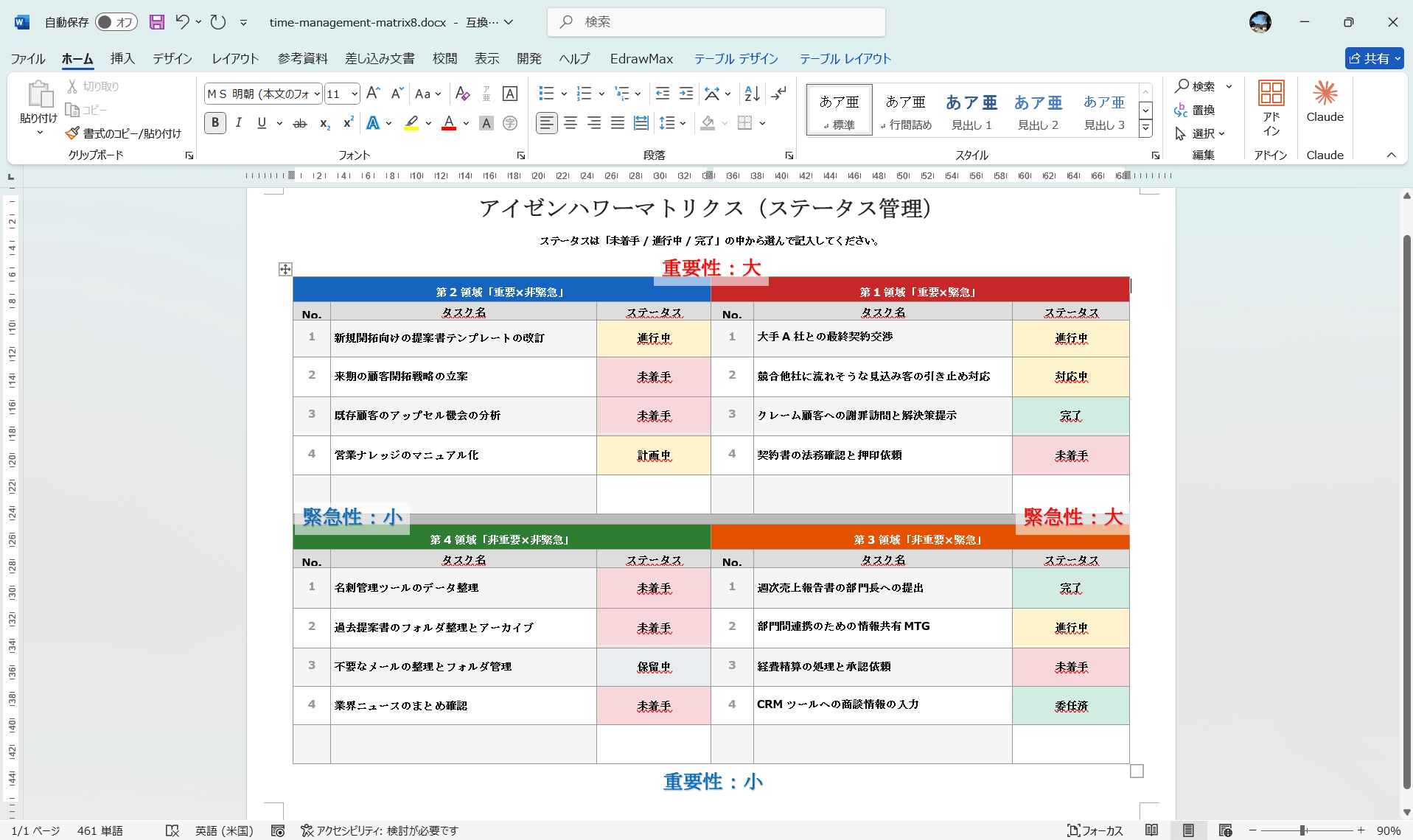 Excel テンプレート アイゼンハワー 優先順位マトリックス ステータス欄付き