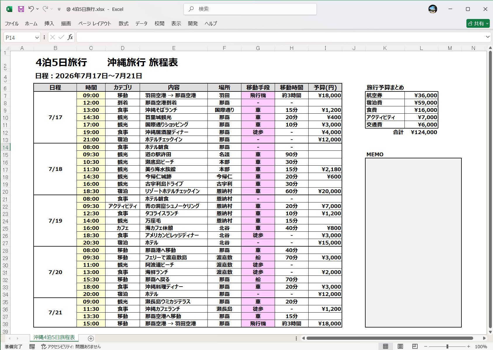 Excel テンプレート 4泊5日旅行