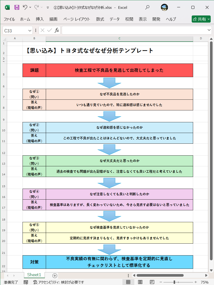 テンプレート 思い込み トヨタ式なぜなぜ分析 Excel
