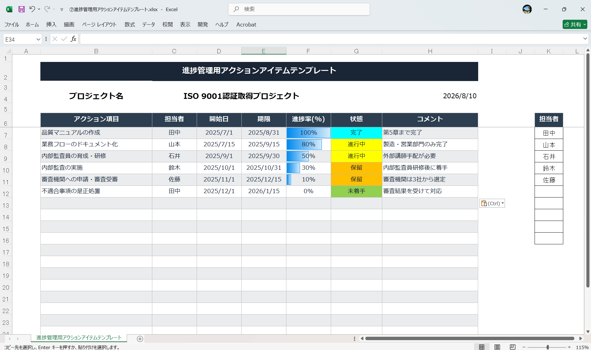 進捗管理アクションアイテムテンプレート