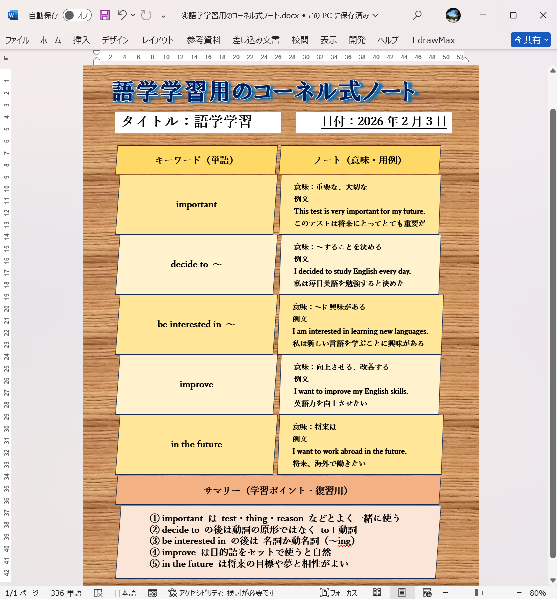 テンプレート 語学学習用のコーネル式ノート Word