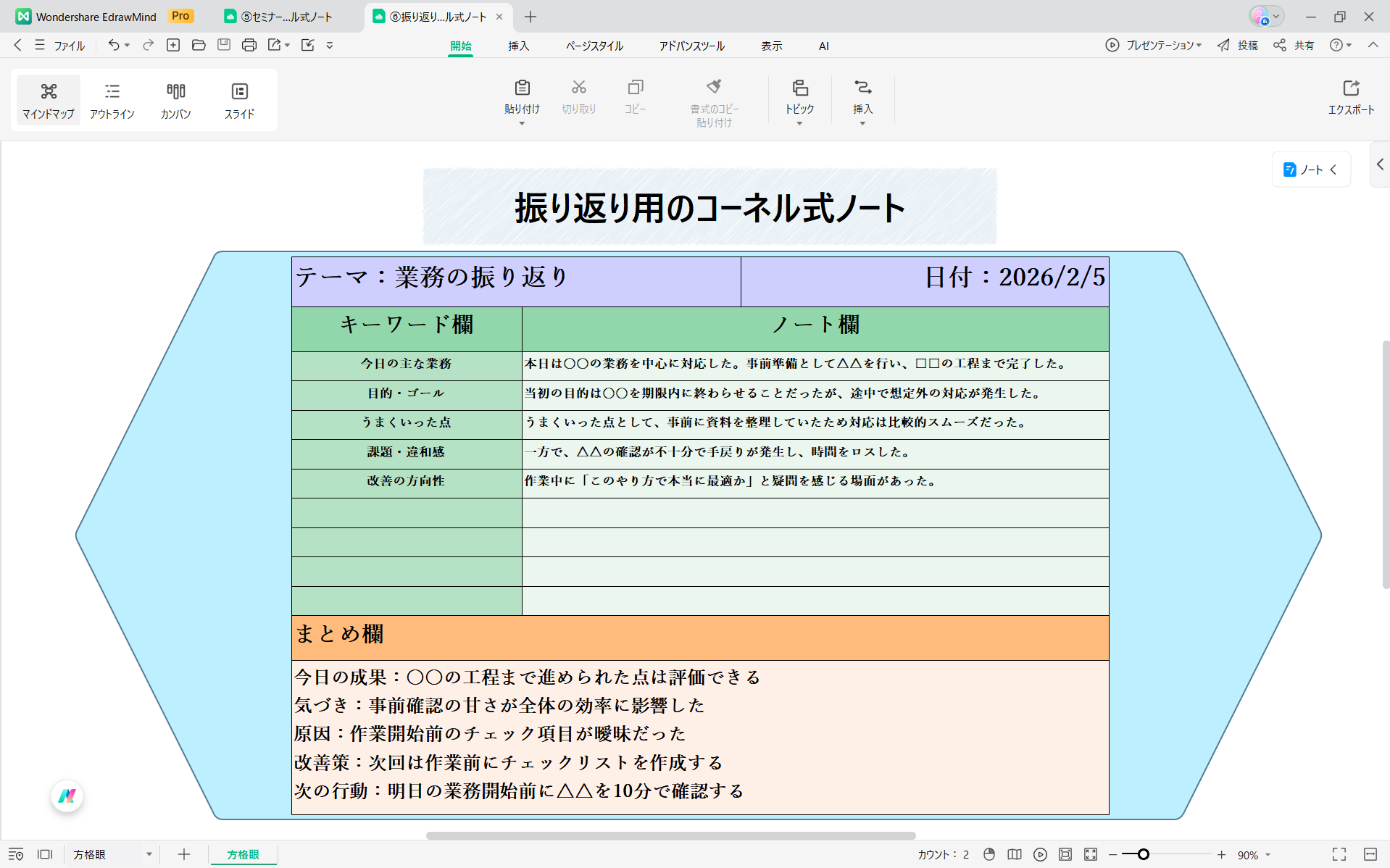 テンプレート 振り返り用のコーネル式ノート EdrawMind