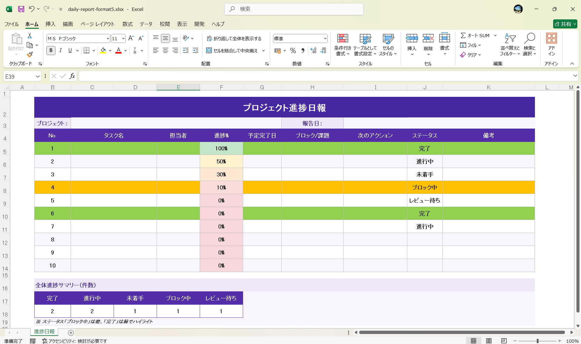 見やすい日報フォーマット Excel テンプレート プロジェクト進捗日報