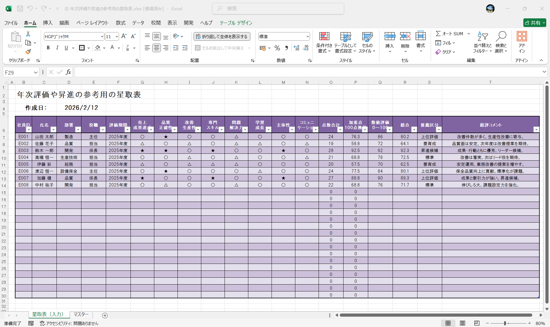 Excel テンプレート 年次評価や昇進の参考用の星取表