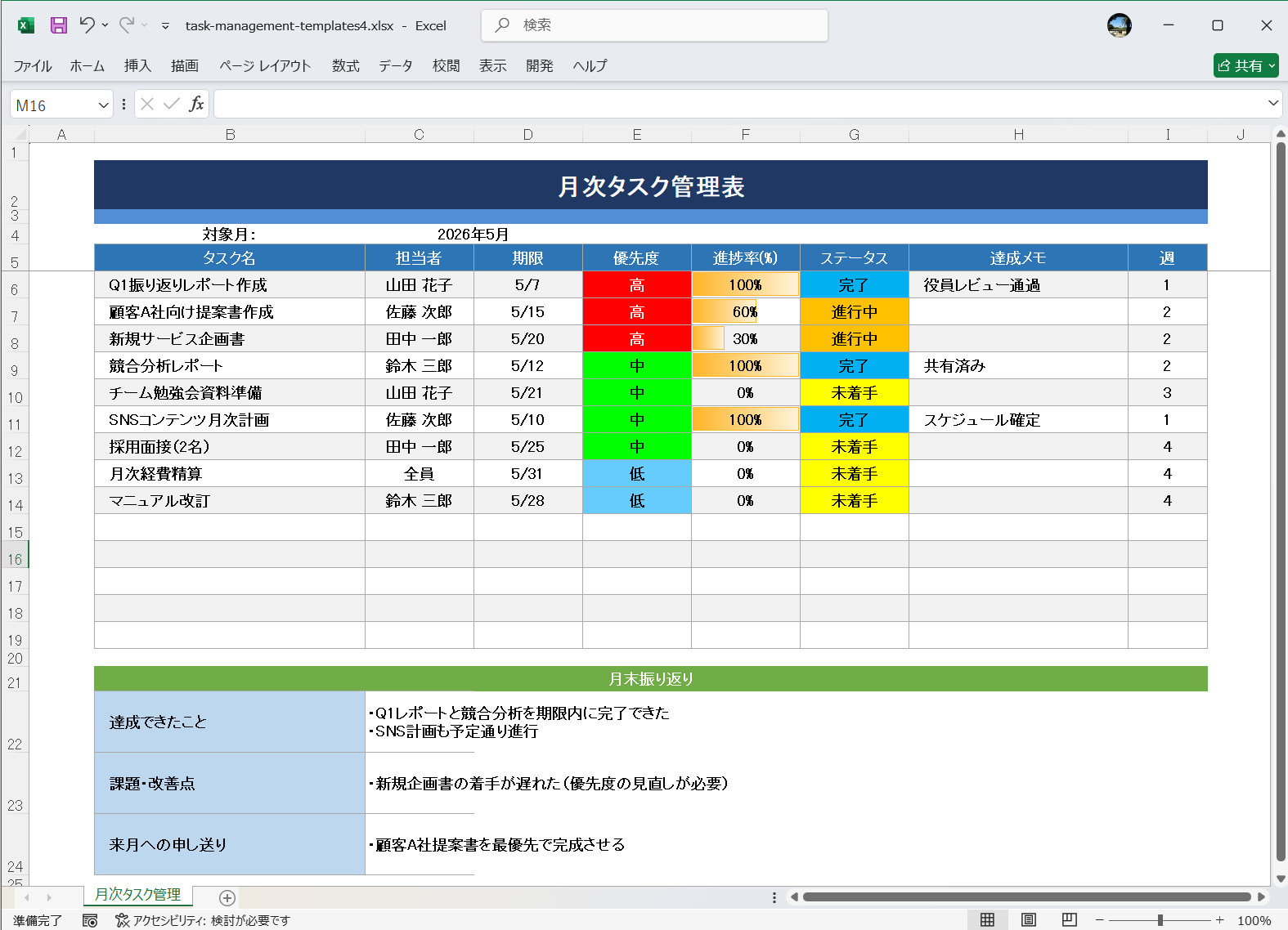 Excel テンプレート タスク管理エクセルテンプレート 月次タスク管理表