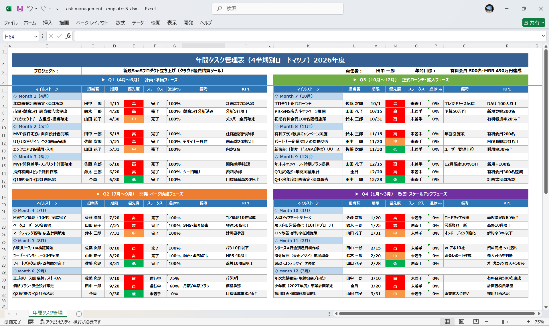 Excel テンプレート タスク管理エクセルテンプレート 四半期タスク管理表