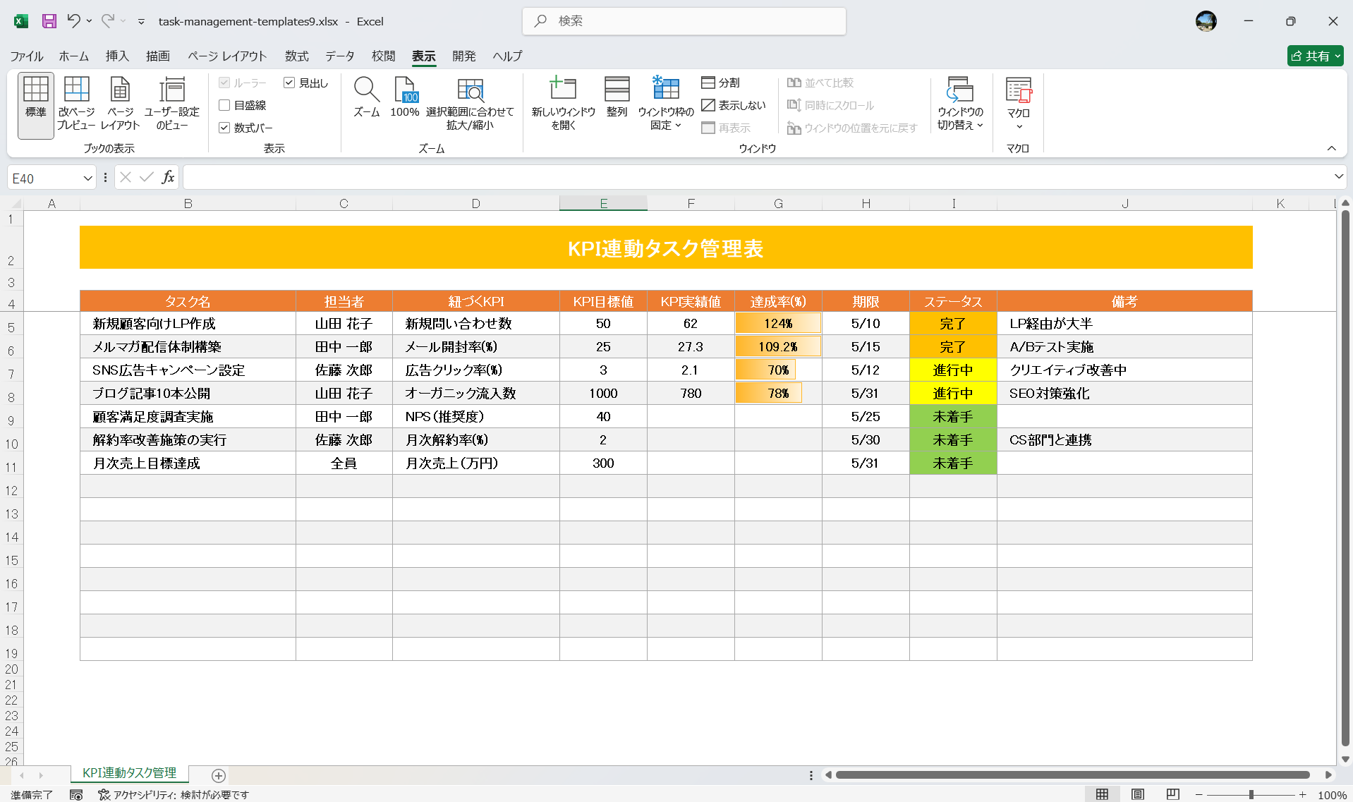 Excel テンプレート タスク管理エクセルテンプレート KPI連動タスク管理表