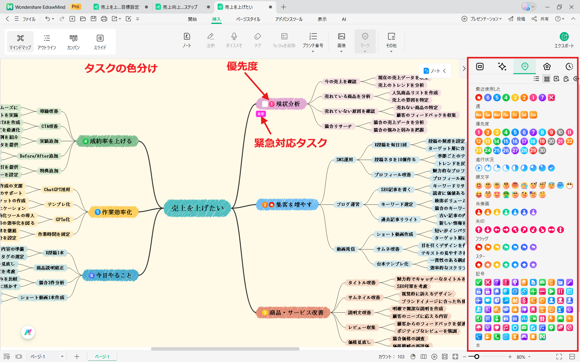 目標管理に役立つEdrawMind 複数の業務や目標を同時に管理すると「何を先にやるべきか」が見えにくくなります
