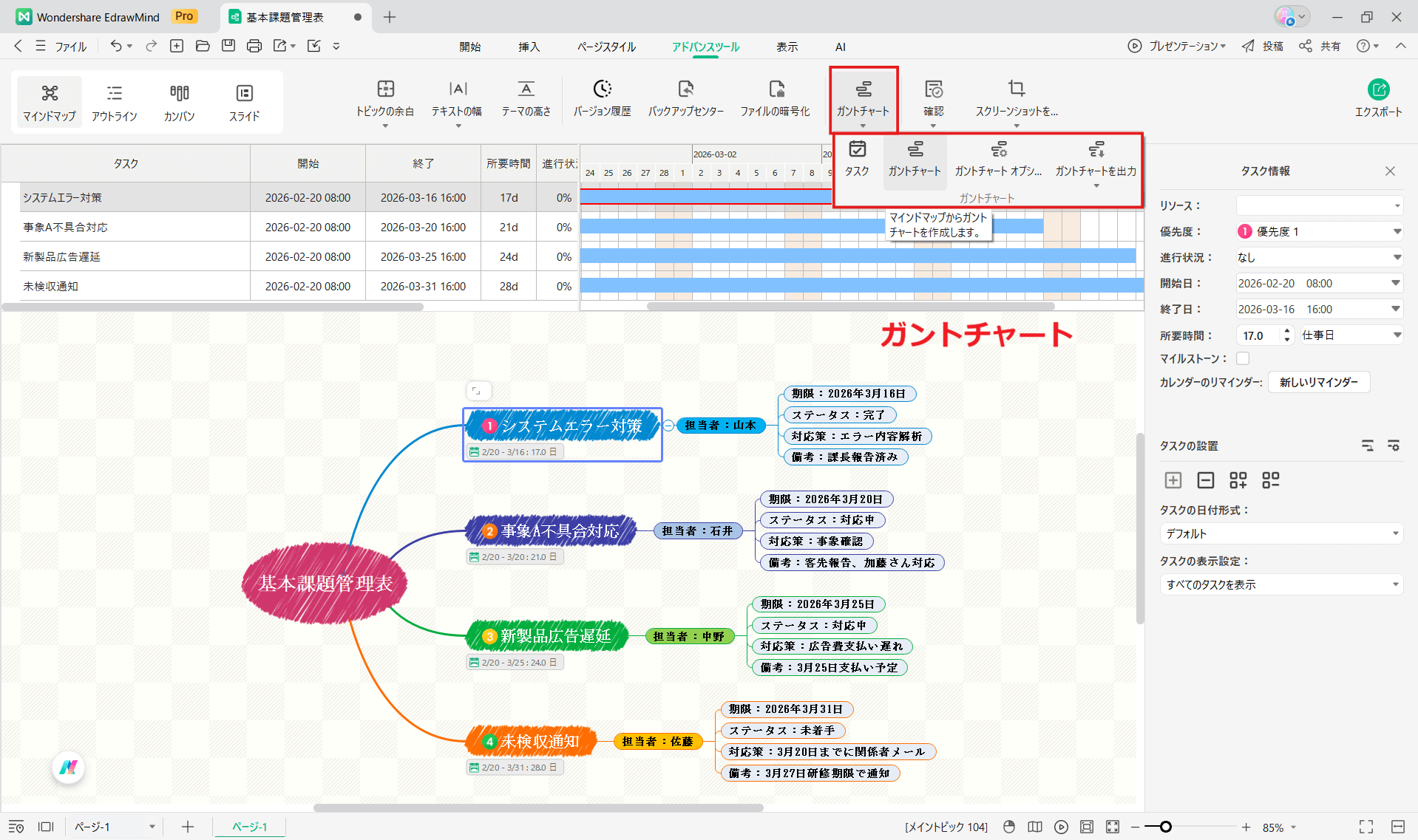 課題管理に役立つツールEdrawMind ガントチャートとの連携