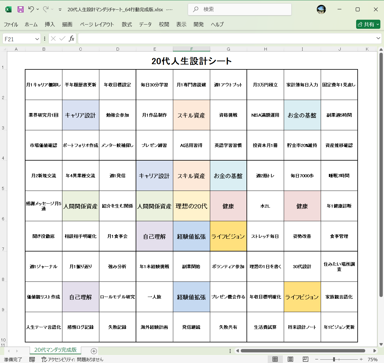 Excel テンプレート 旅のしおり 20代の人生設計シート