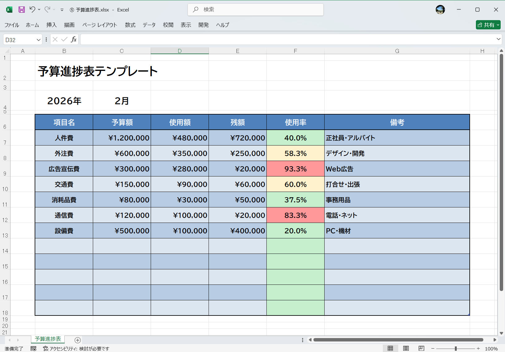 Excel テンプレート 予算進捗表