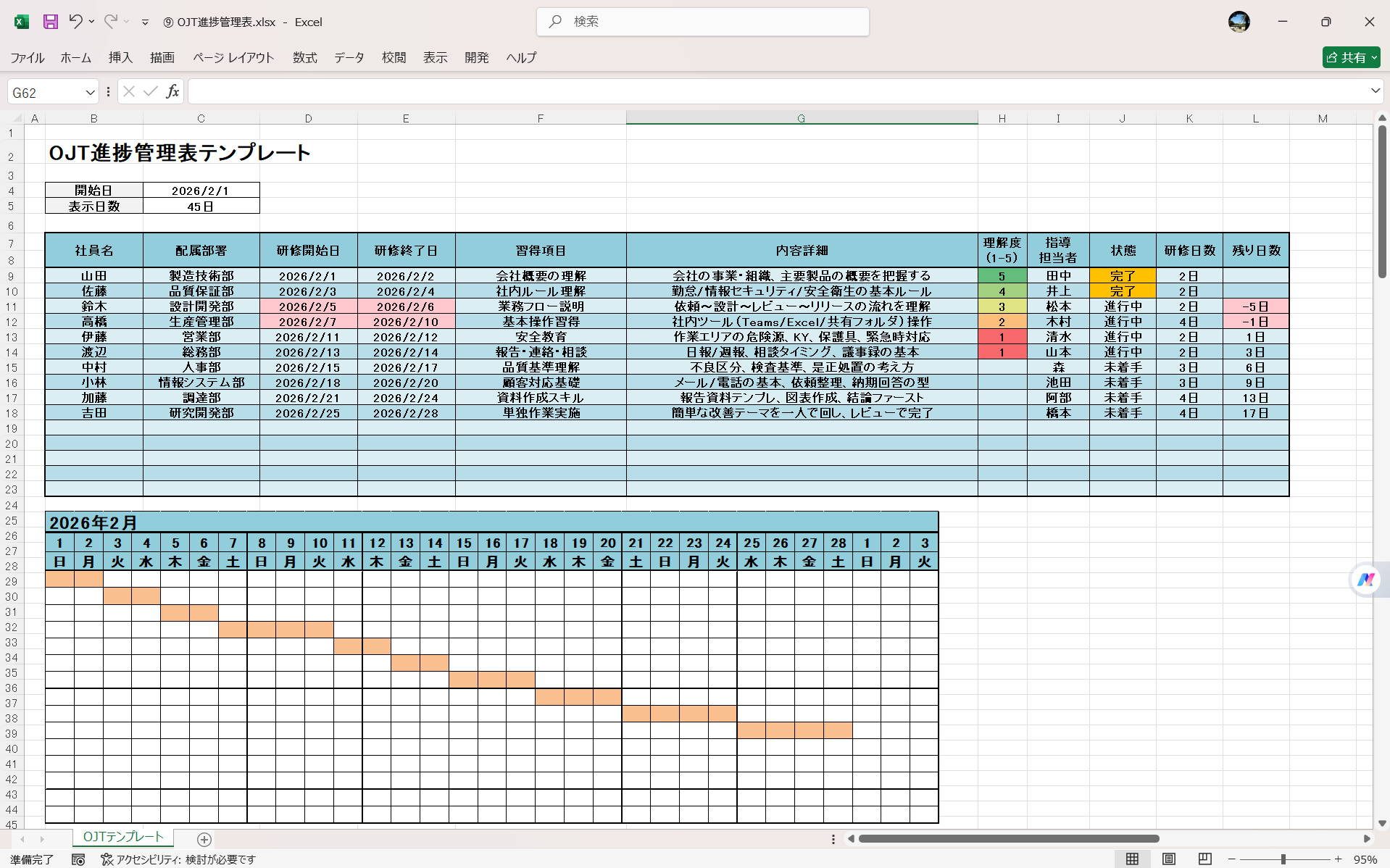 Excel テンプレート OJT進捗管理表