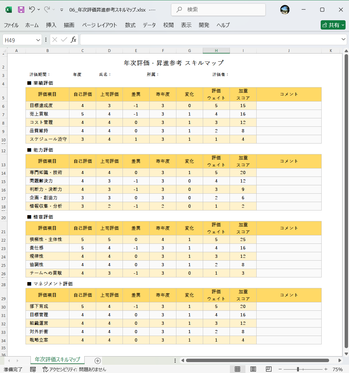 Excel テンプレート 年次評価や昇進の参考用スキルマップ