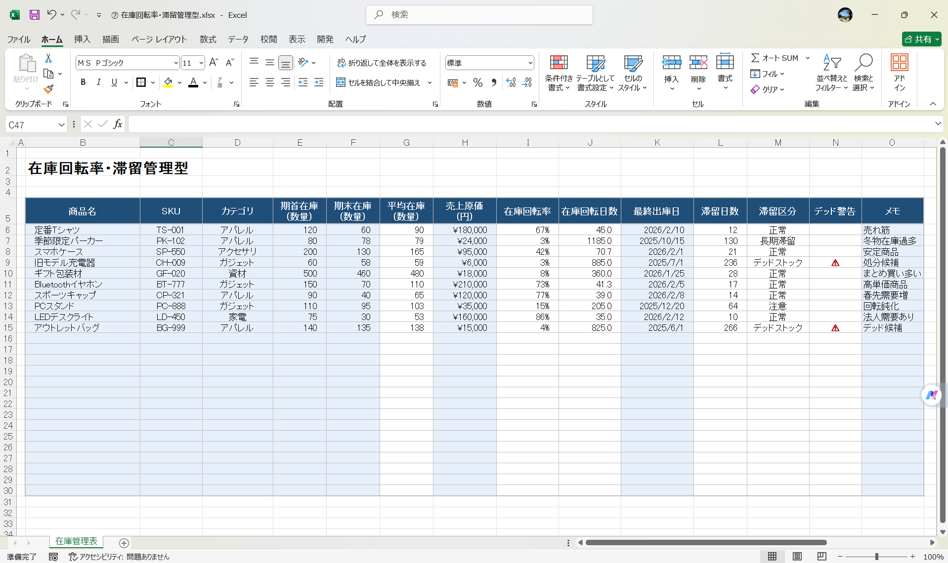 Excel 在庫回転率・滞留管理型 在庫管理表