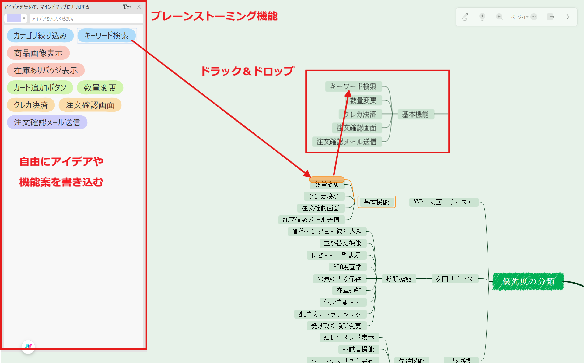 ユーザーストーリーマッピングに役立つEdrawMind ブレインストーミング機能