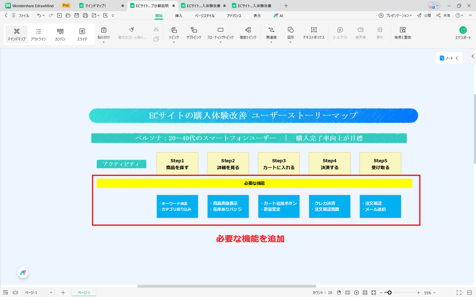 ユーザーストーリーマッピングの進め方 EdrawMind Step3 必要な機能の決定