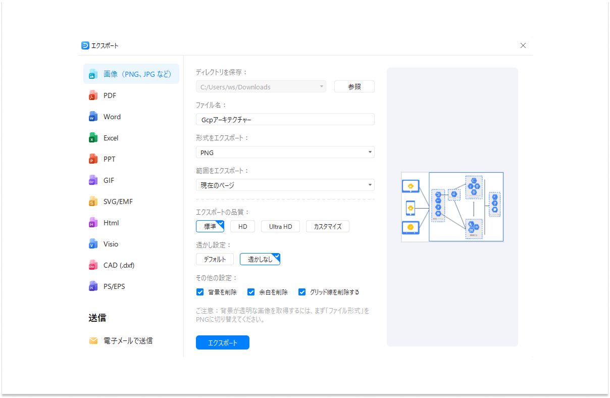 エクスポートと共有