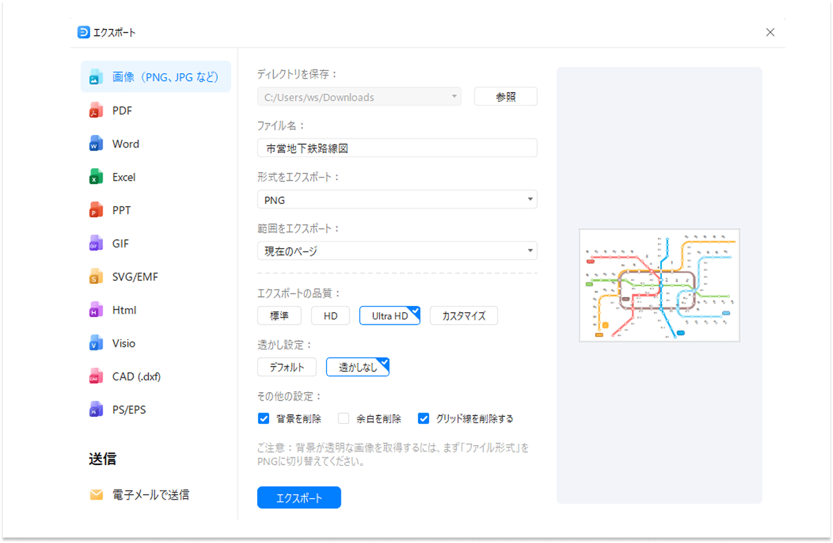 エクスポートと共有