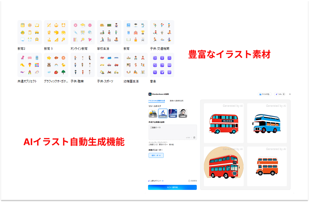 イラスト素材搭載＆AIイラスト生成機能