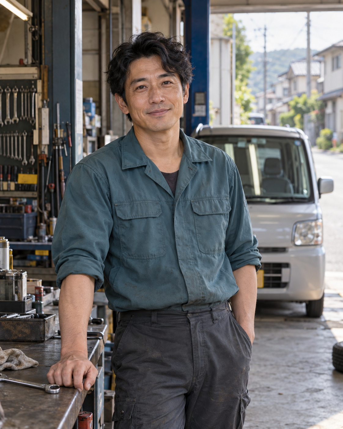 青緑色のシャツを着た自動車整備士の写実的なキャラクター